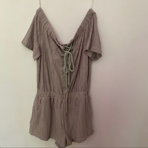 Distressed off the shoulder front tie romper